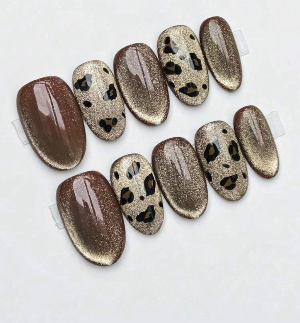 Brown leopard chrome nails