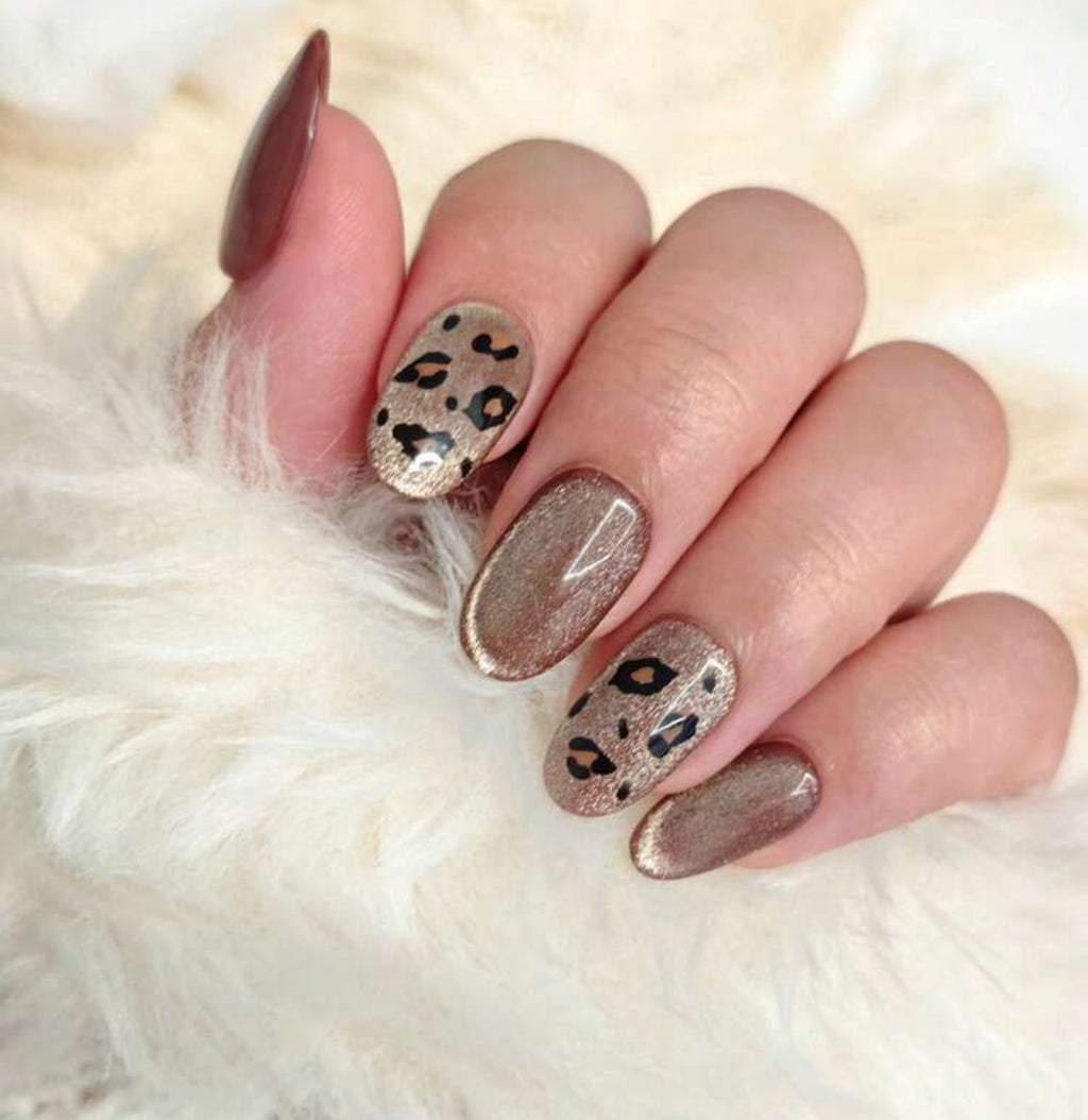 Brown leopard chrome nails
